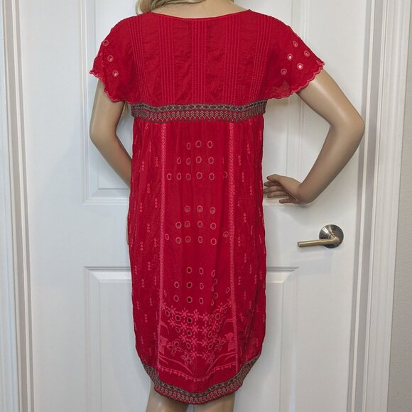 Johnny Was Dress Women's Small Red Eyelet Embroidered Scalloped V-Neck Babydoll - Picture 9 of 16